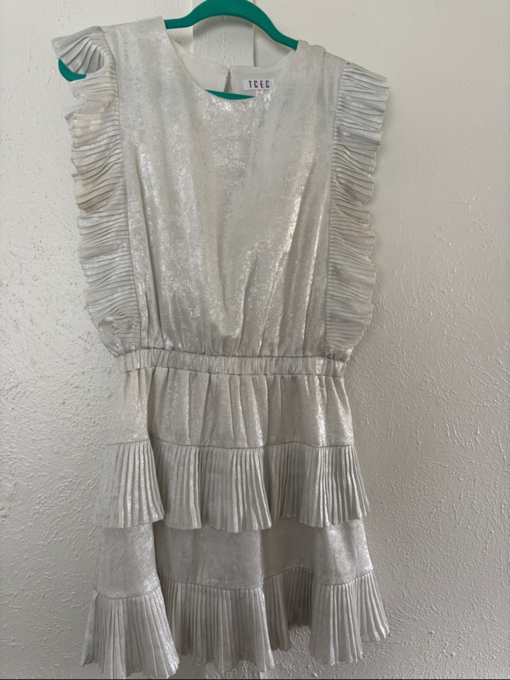 TCEC White Silver Metallic Pleated-Ruffle Girls' Dress